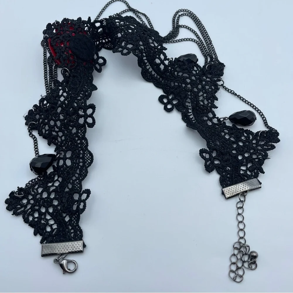 Gothic Black Lace Choker with Red Velvet Rose & Black Teardrop Beads